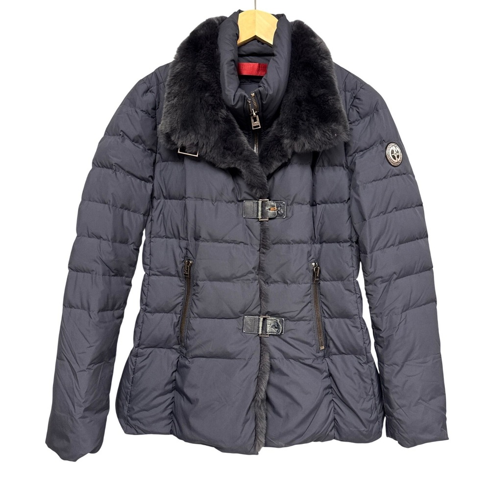 Giorgio & Mario 90% Down Puffer Jacket Womens 40 Blue Real Raccoon Fur Trim Coat